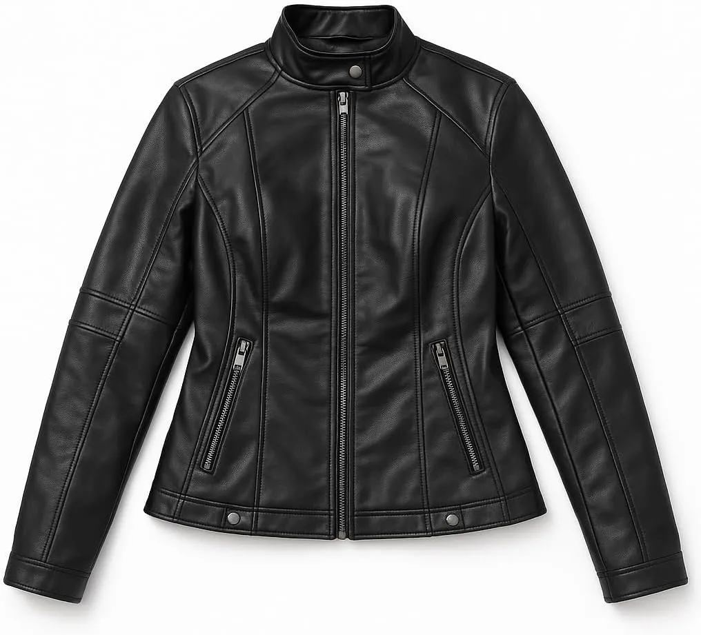 Women Real Leather Motorcycle Jacket, Black, Zip Front, Stand Collar