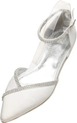 Women Satin Wedding Shoes for Bride Flats Pointed Toe Crystals Party Dress Bridesmaid Shoes 5047-1