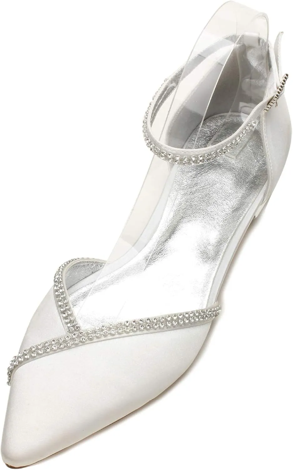 Women Satin Wedding Shoes for Bride Flats Pointed Toe Crystals Party Dress Bridesmaid Shoes 5047-1