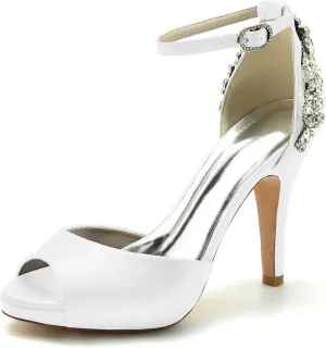 Women Sexy Peep Toe Rhinestone Stiletto High Heel Evening Pumps Ankle Strap Crystal Shoes