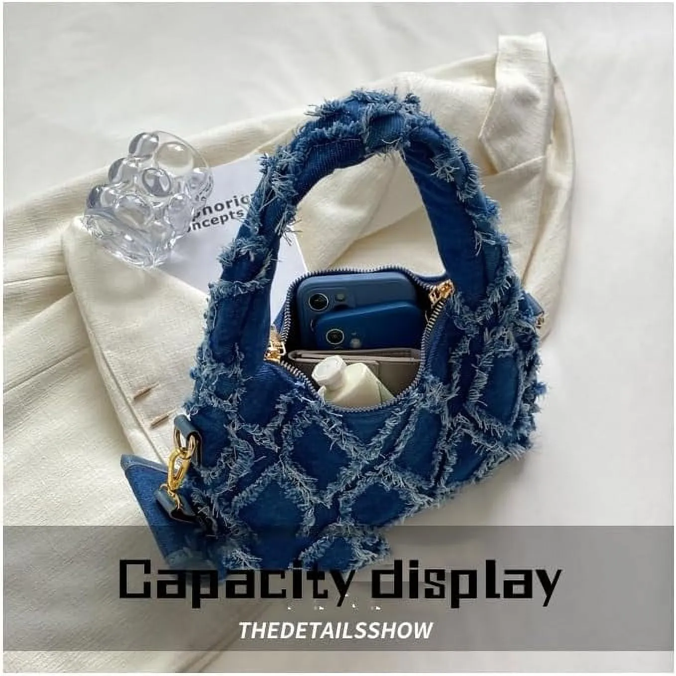 Women Small Shoulder Bags Quilted Crossbody Distressed Jean Denim Purse Evening Bag Clutch Handbag with Chain Strap