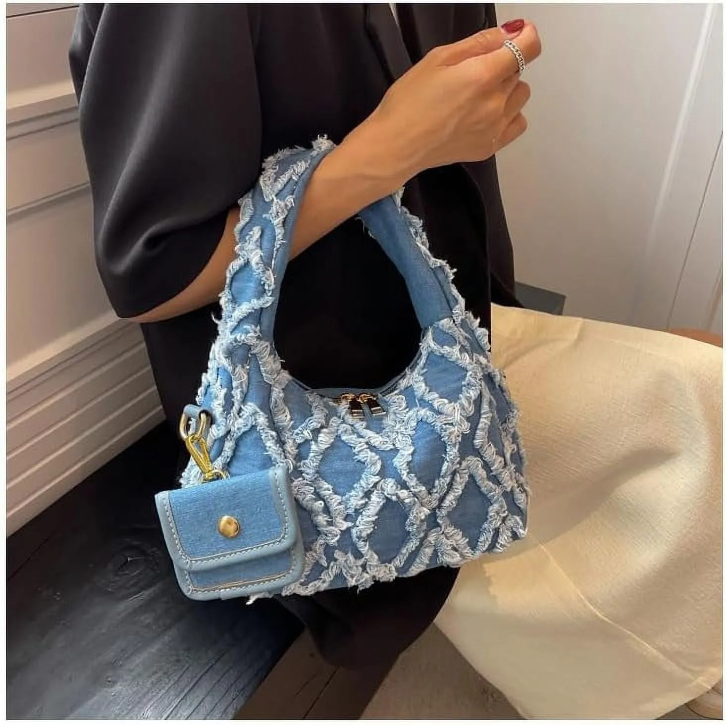 Women Small Shoulder Bags Quilted Crossbody Distressed Jean Denim Purse Evening Bag Clutch Handbag with Chain Strap