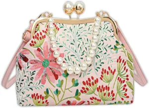 Women Vintage Flower Embroidery Handbag - Chinese Style Kiss Lock Pearl Handle Crossbody Evening Bag