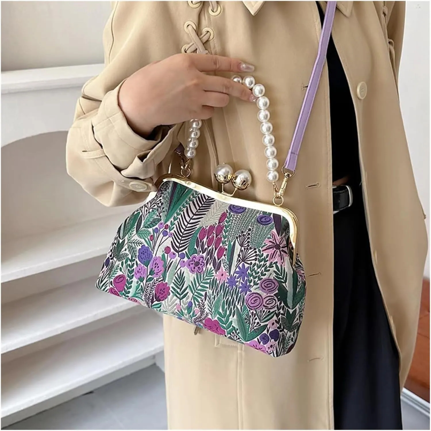 Women Vintage Flower Embroidery Handbag - Chinese Style Kiss Lock Pearl Handle Crossbody Evening Bag