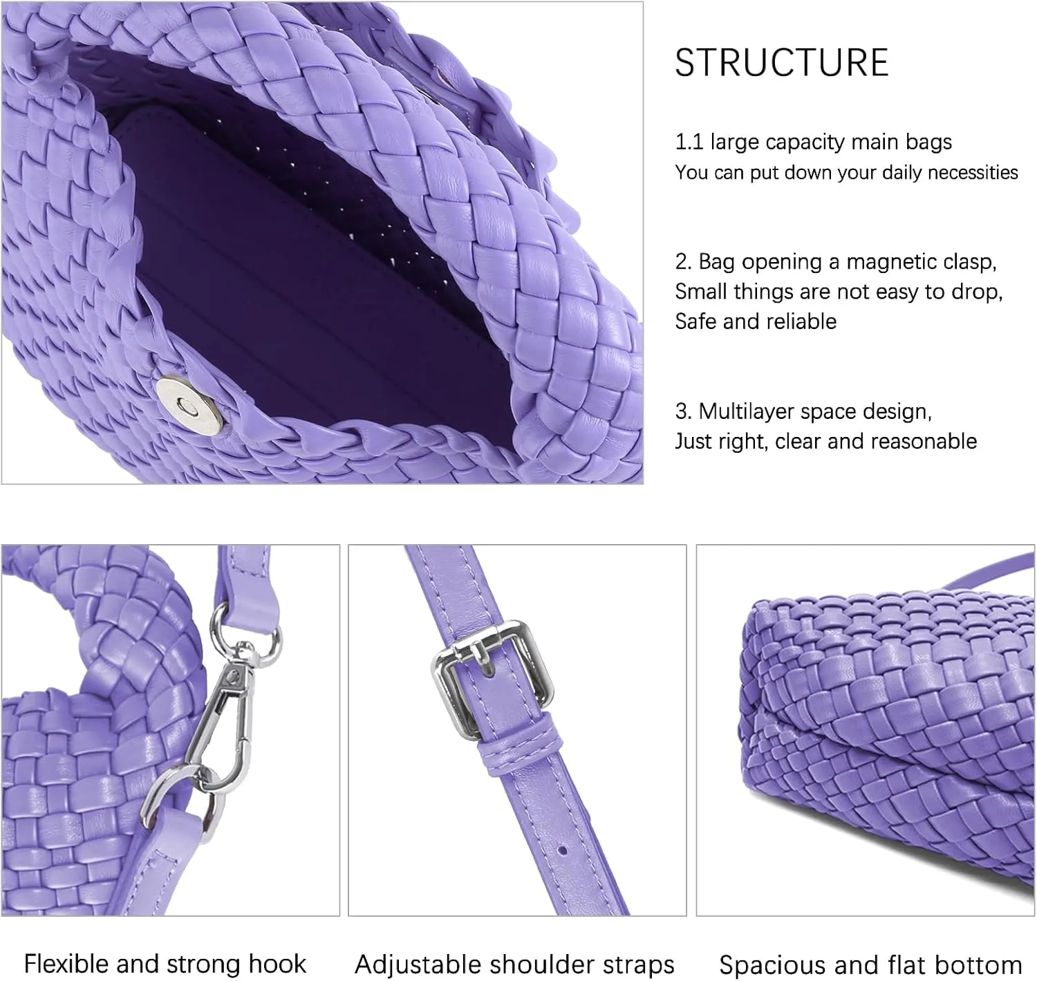 Women Woven Tote Small Crossbody Bag, Weave Quilted Purse Square Shoulder Bag Woven Handbag with Detachable Strap
