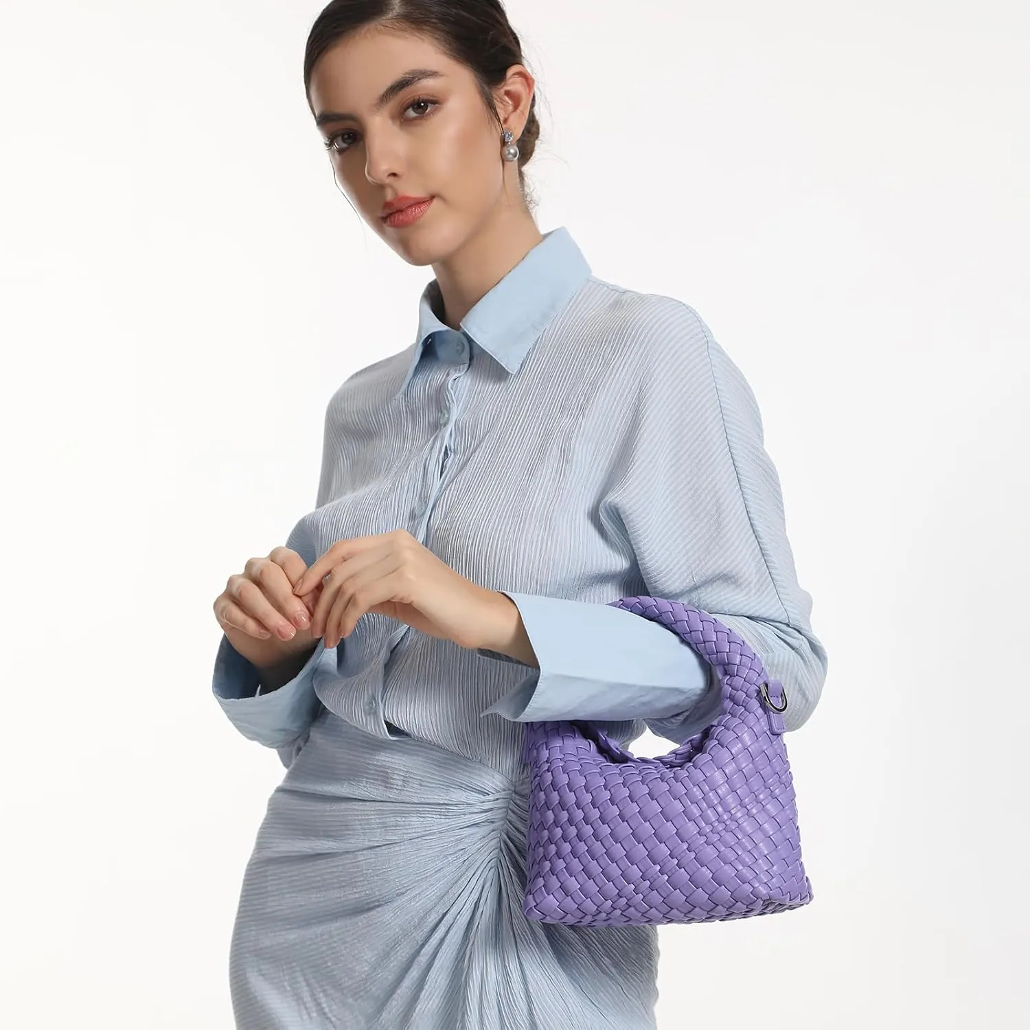 Women Woven Tote Small Crossbody Bag, Weave Quilted Purse Square Shoulder Bag Woven Handbag with Detachable Strap