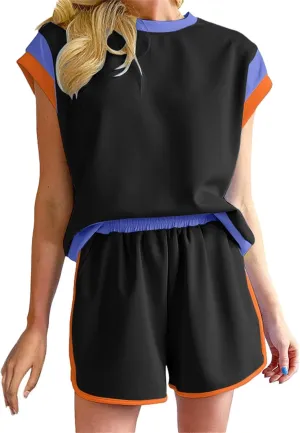 Womens 2 Piece Lounge Sets Cap Sleeve Pullover Top and Matching Shorts Contrast Color Outfit Casual Summer Tracksuits