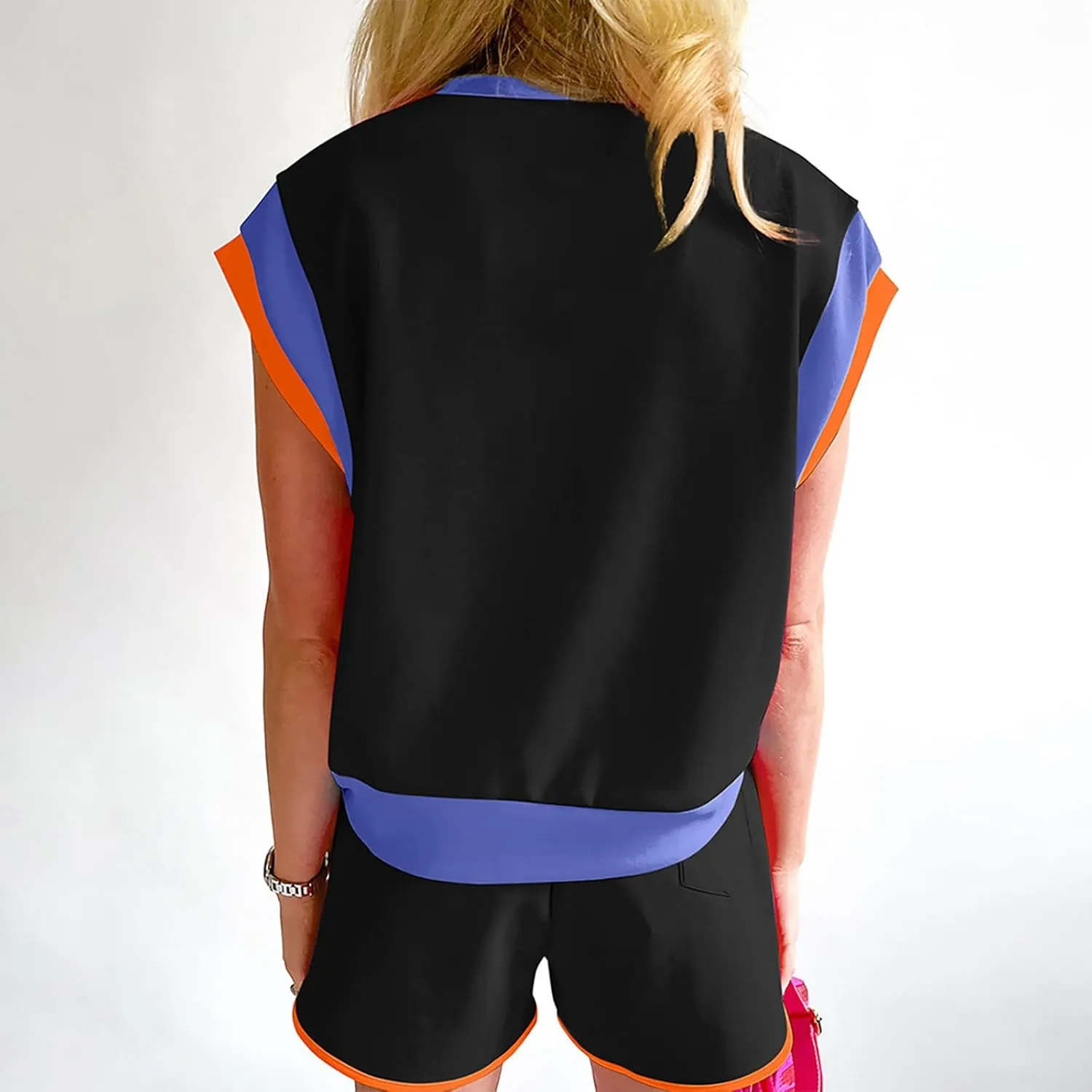 Womens 2 Piece Lounge Sets Cap Sleeve Pullover Top and Matching Shorts Contrast Color Outfit Casual Summer Tracksuits