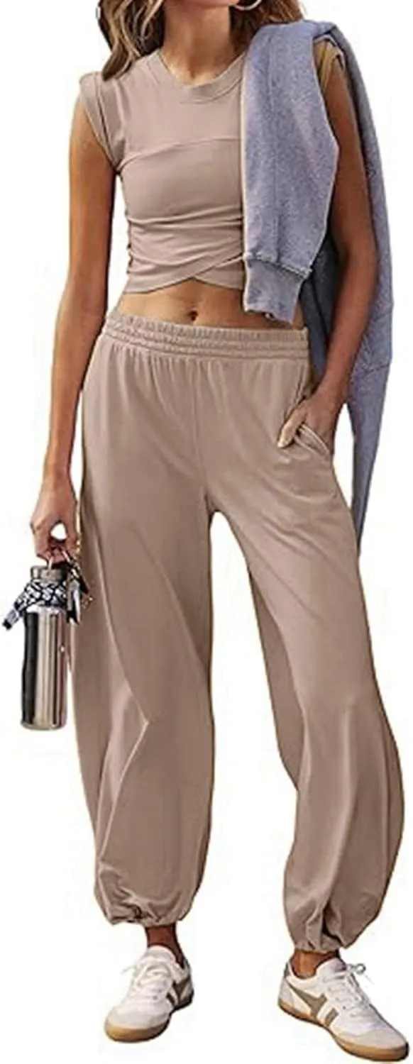 Women's 2 Piece Outfits Cap Sleeve Crissover Crop Top and Jogger Pants Sets Summer Workout Gym Sweatsuits Hip Hop Streetwear