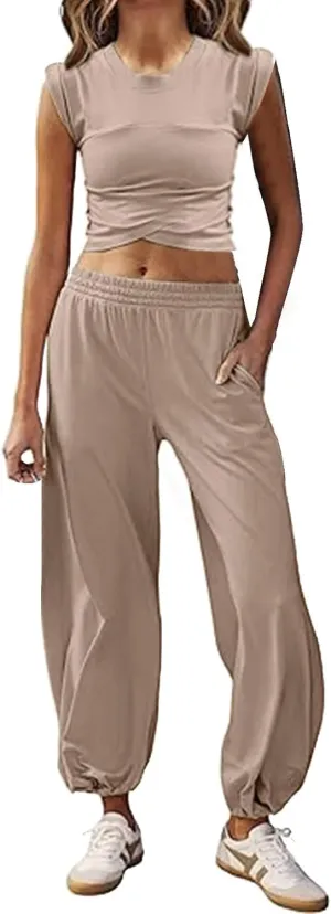 Women's 2 Piece Outfits Cap Sleeve Crissover Crop Top and Jogger Pants Sets Summer Workout Gym Sweatsuits Hip Hop Streetwear
