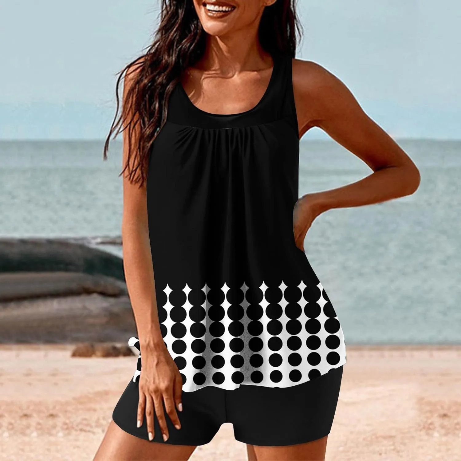 Womens 2025 Tankini Swimsuits Tummy Control Flowy Swimwear Two Piece Colorblock Bathing Suits Tank Top with Boyshort