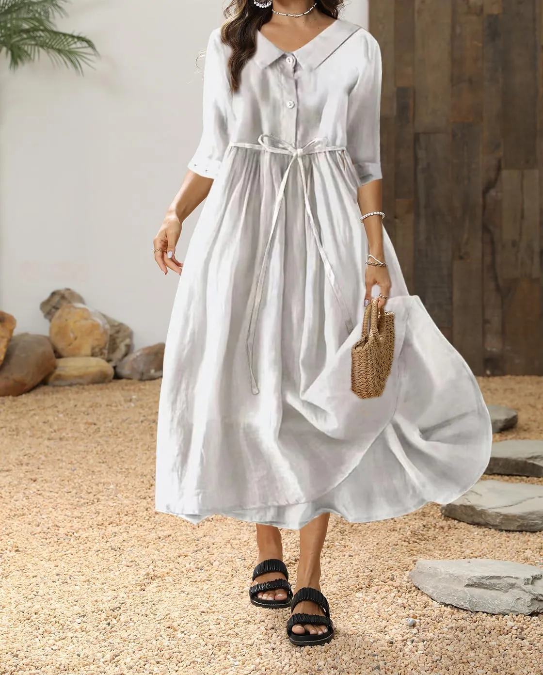 Women's 3/4 Sleeve Cotton Linen Button Down Maxi Dresses Casual Loose Summer Beach Tunic Shift Shirt Dress with Belt