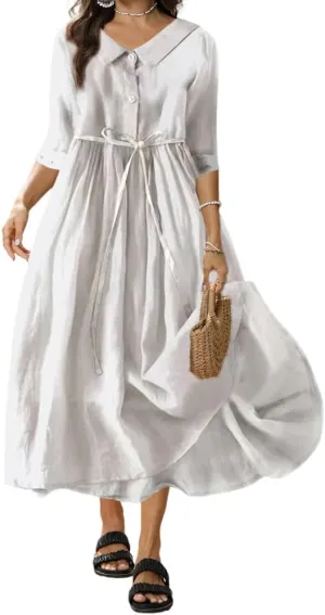 Women's 3/4 Sleeve Cotton Linen Button Down Maxi Dresses Casual Loose Summer Beach Tunic Shift Shirt Dress with Belt