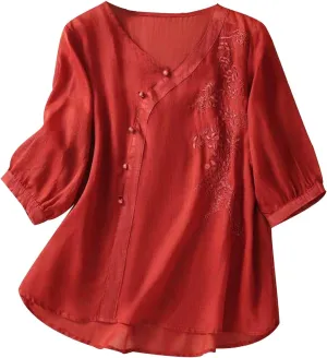 Womens 3/4 Sleeve V Neck T Shirt Simple Solid Color Embroidered Blouses Shirts Loose Casual Cotton Linen Tops