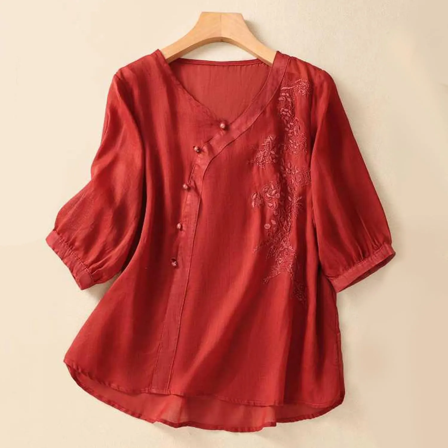 Womens 3/4 Sleeve V Neck T Shirt Simple Solid Color Embroidered Blouses Shirts Loose Casual Cotton Linen Tops
