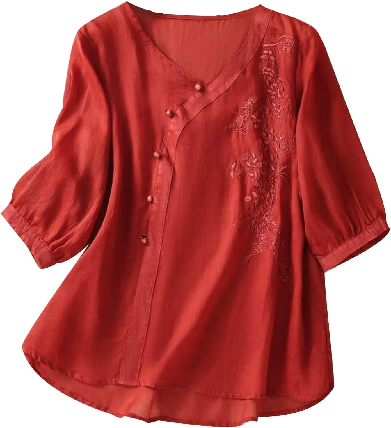 Womens 3/4 Sleeve V Neck T Shirt Simple Solid Color Embroidered Blouses Shirts Loose Casual Cotton Linen Tops