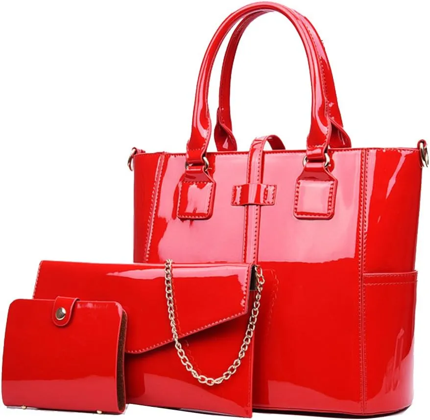 Women's 3pcs Handbags Patent Leather Fashion Shoulder Bag Large Capacity Handbag