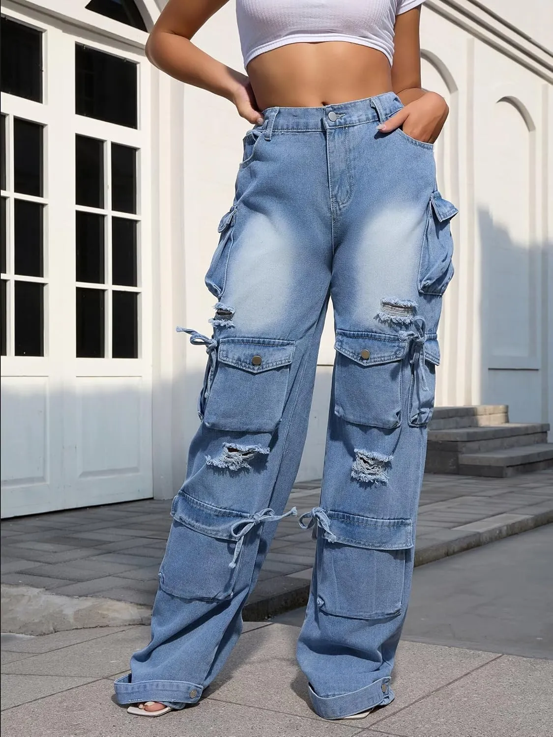 Women's Baggy Cargo Jean High Waisted Y2K Distressed Wide Leg Denim Pants with Multi Pockets Streetwear