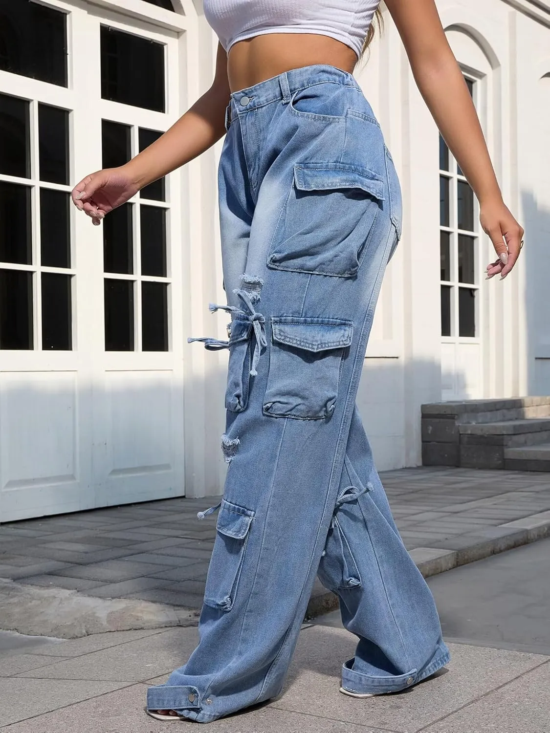 Women's Baggy Cargo Jean High Waisted Y2K Distressed Wide Leg Denim Pants with Multi Pockets Streetwear