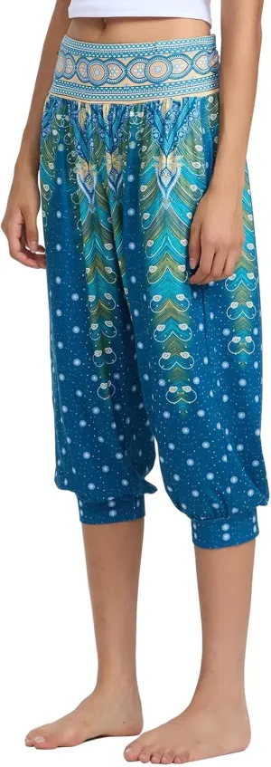 Womens Baggy Harem Capris Casual High Waisted Wide Leg Boho 3/4 Pants Workout Lounge Joggers Sweatpants with Pockets