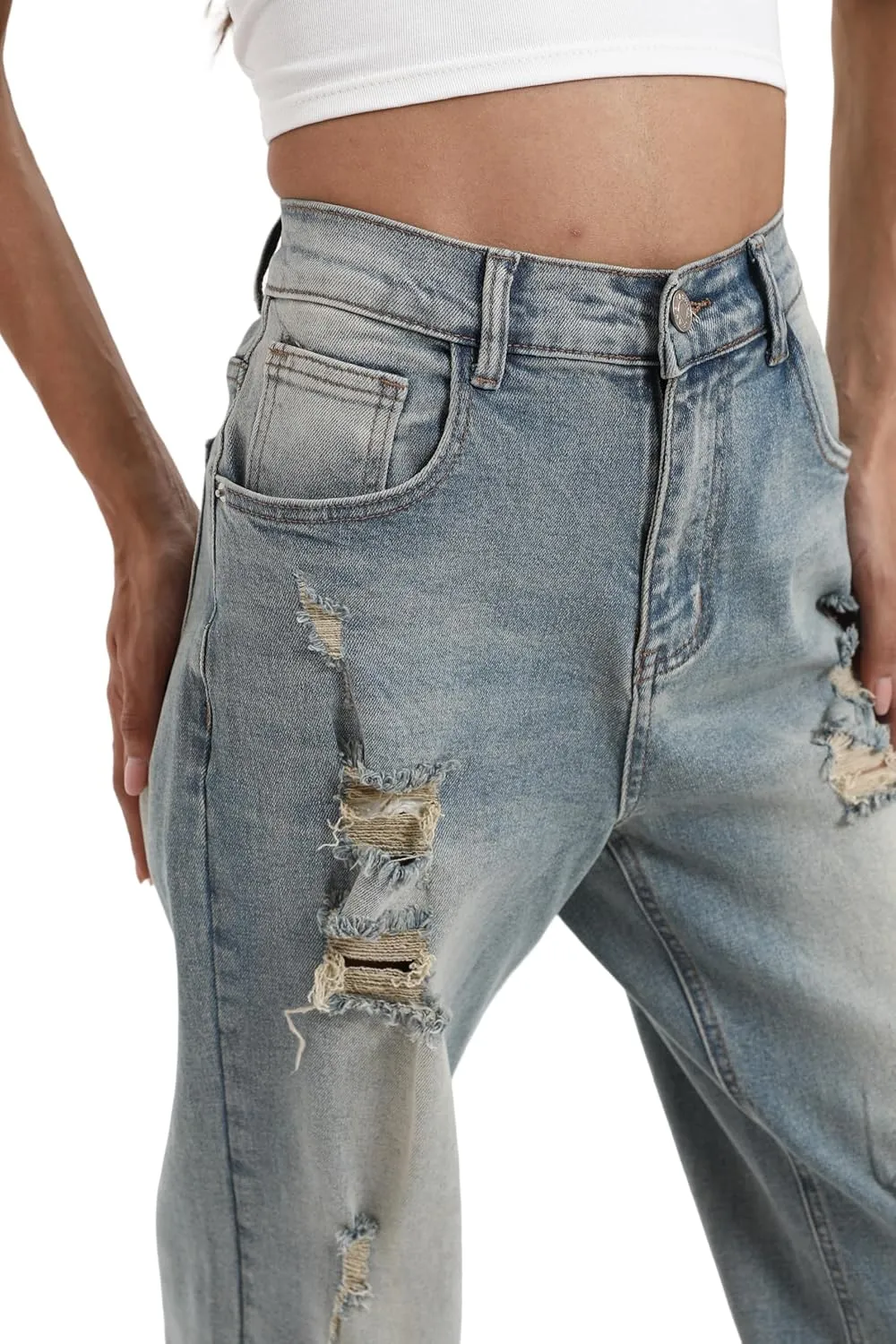 Women’s Baggy Wide Leg Distressed High Waisted Boyfriend Jeans Loose Denim Pant