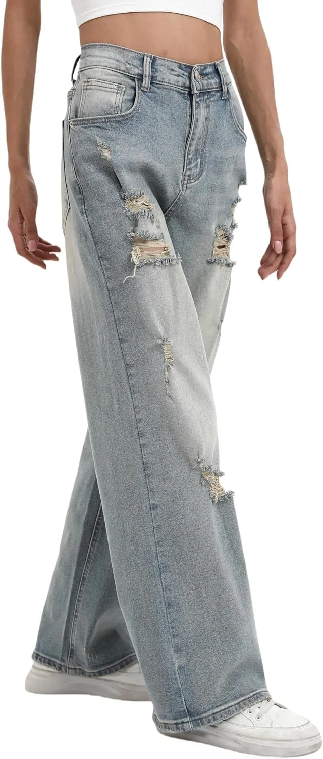 Women’s Baggy Wide Leg Distressed High Waisted Boyfriend Jeans Loose Denim Pant
