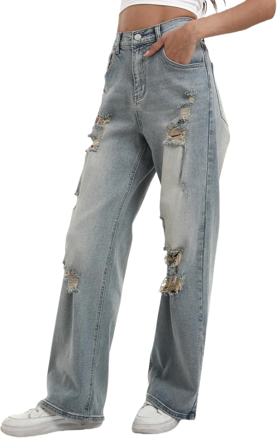 Women’s Baggy Wide Leg Distressed High Waisted Boyfriend Jeans Loose Denim Pant