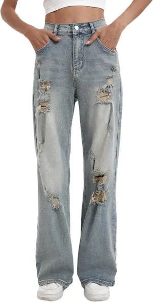 Women’s Baggy Wide Leg Distressed High Waisted Boyfriend Jeans Loose Denim Pant