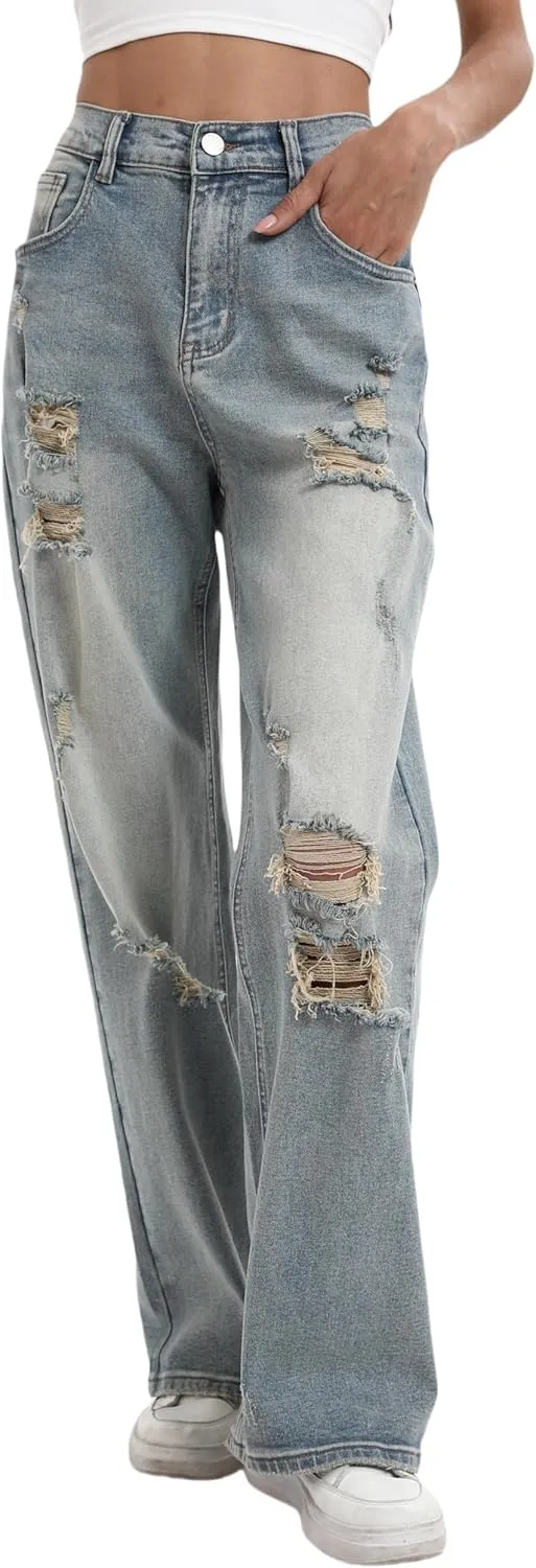 Women’s Baggy Wide Leg Distressed High Waisted Boyfriend Jeans Loose Denim Pant