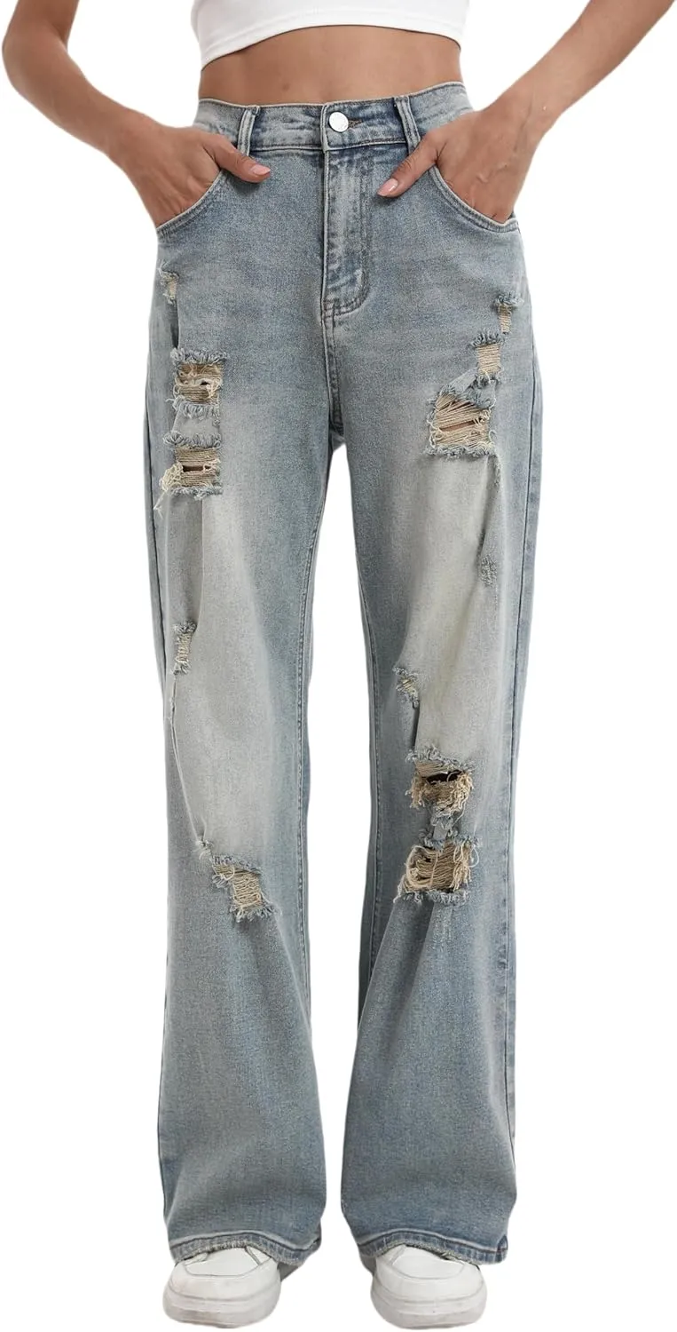 Women’s Baggy Wide Leg Distressed High Waisted Boyfriend Jeans Loose Denim Pant