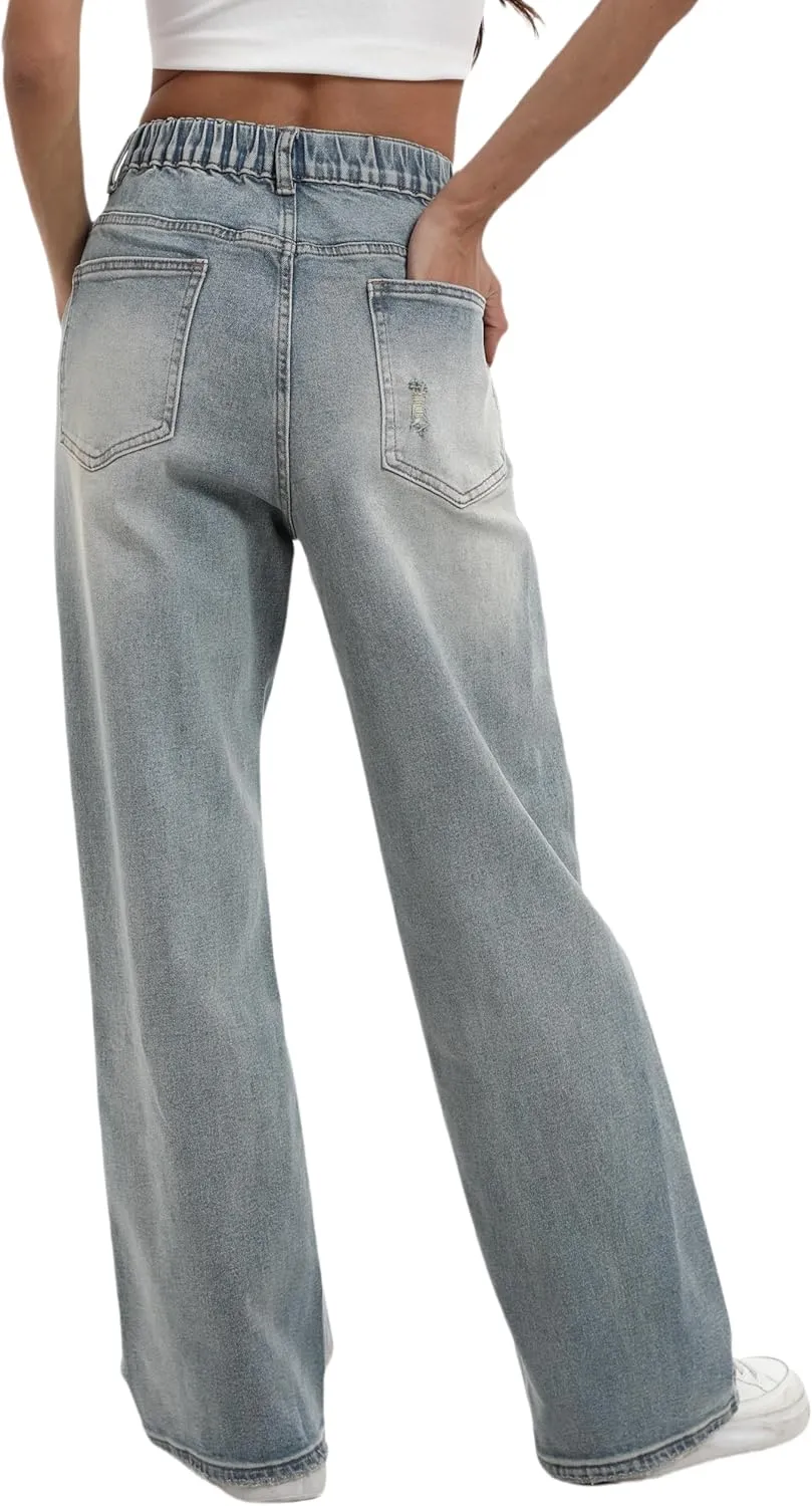 Women’s Baggy Wide Leg Distressed High Waisted Boyfriend Jeans Loose Denim Pant