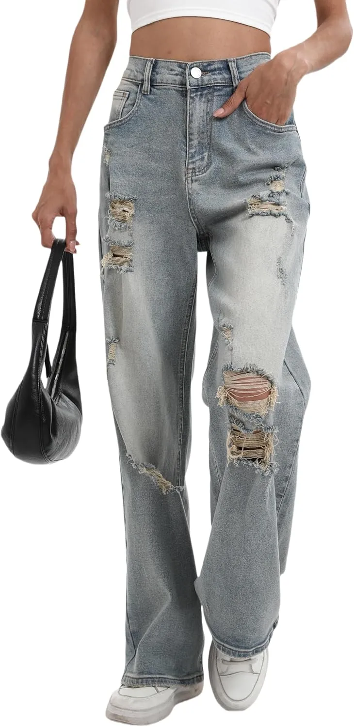 Women’s Baggy Wide Leg Distressed High Waisted Boyfriend Jeans Loose Denim Pant