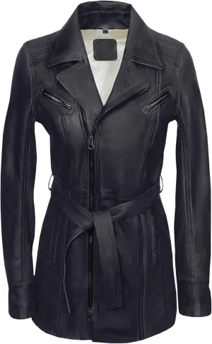 Women's Black Mid-Length Lambskin Leather Coat – Belted Waist, Hand-Waxed Finish
