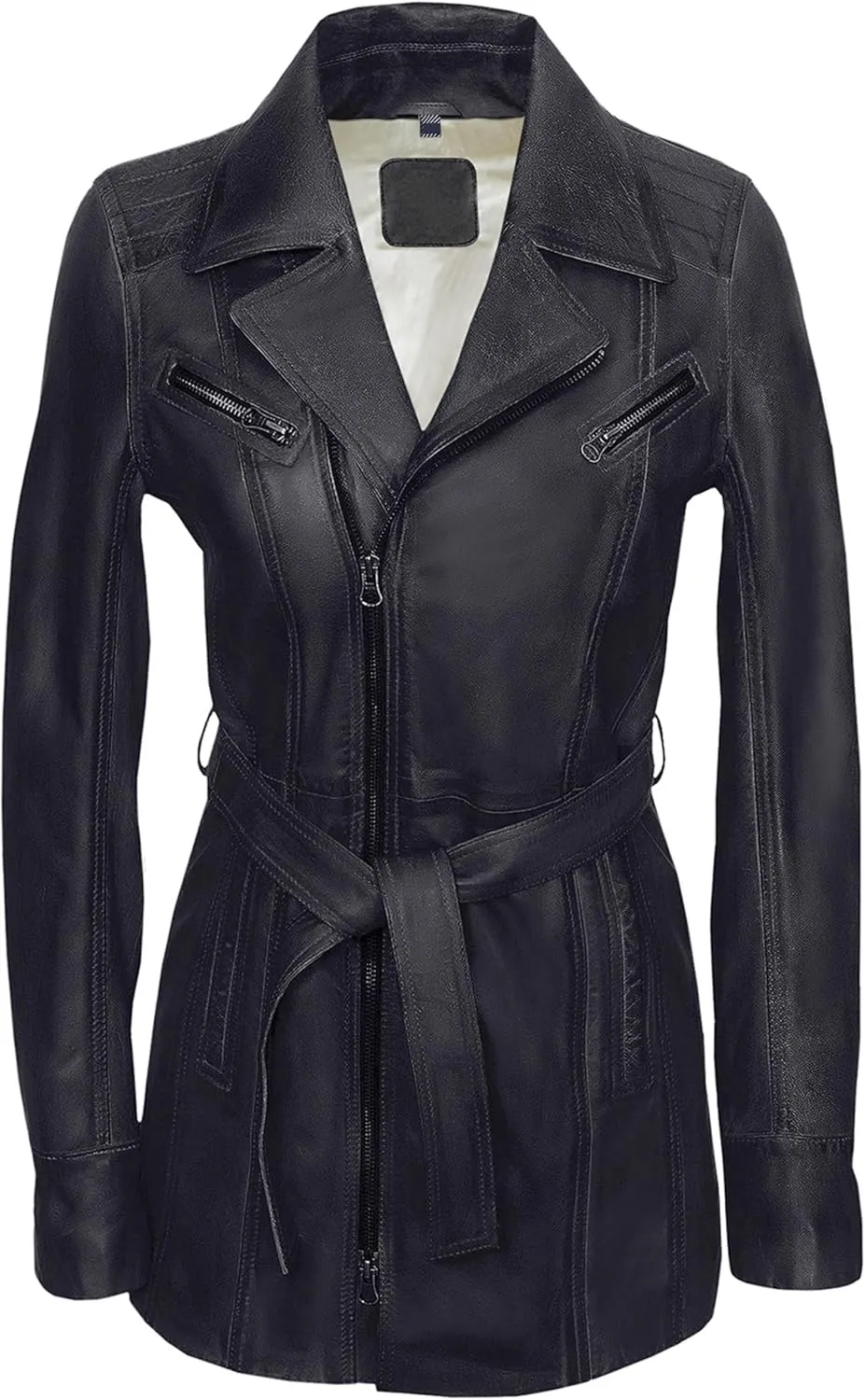 Women's Black Mid-Length Lambskin Leather Coat – Belted Waist, Hand-Waxed Finish