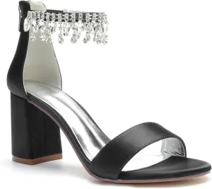 Women's Block Heel Sandals Satin Chunky Ankle Strap Crystal Wedding Dress Shoes High Heel Bride Pumps for Prom Party