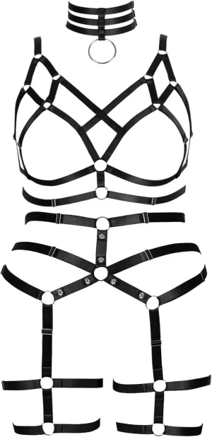 Women's Body Harness Bra Fashion Plus Size Cage Bra Cutout Stockings Garter Set Punk Gothic Carnival Dance Costume