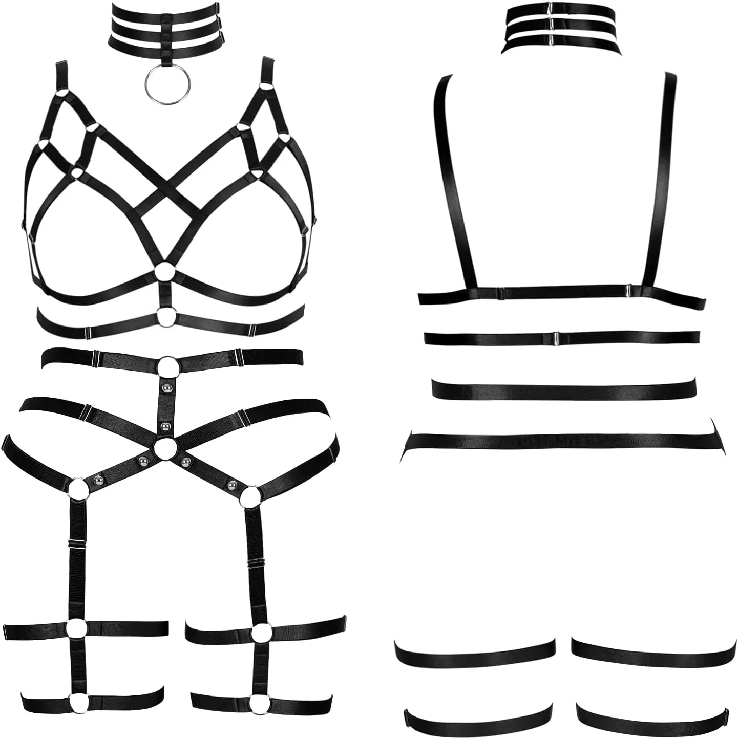 Women's Body Harness Bra Fashion Plus Size Cage Bra Cutout Stockings Garter Set Punk Gothic Carnival Dance Costume