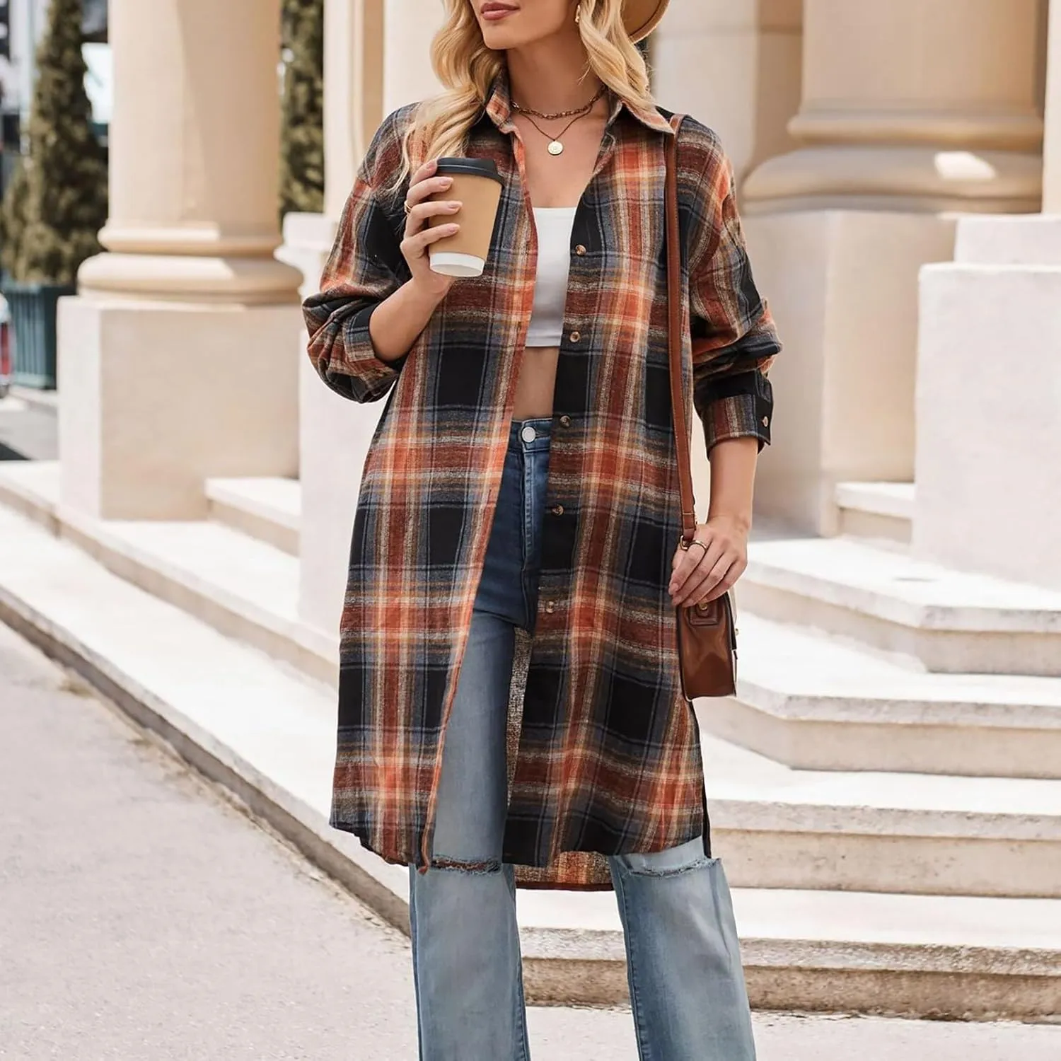 Women's Button Down Flannel Shirts Plaid Shacket Long Sleeve Buffalo Plaid Collared Long Jacket Cardigan Coats