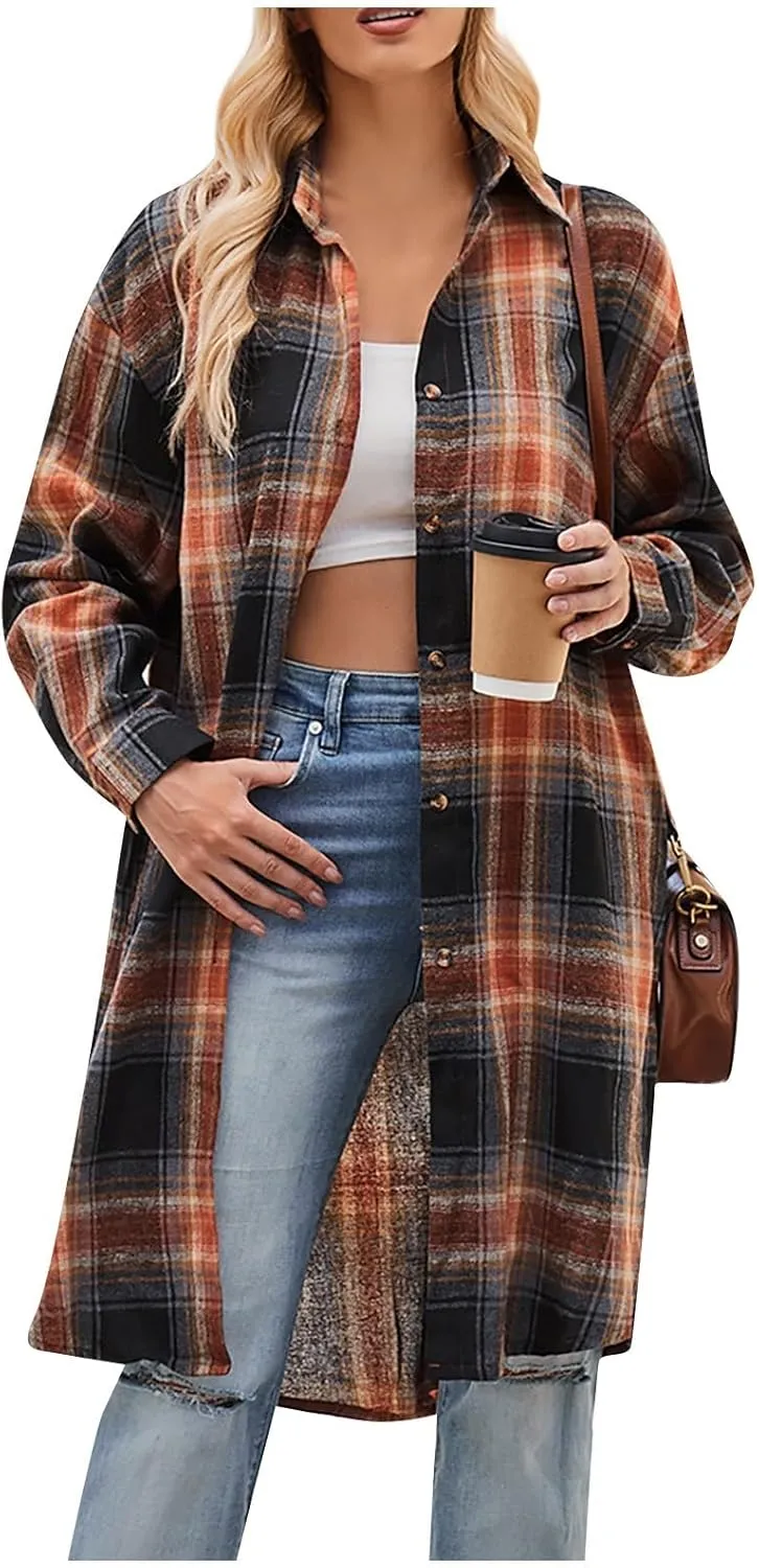 Women's Button Down Flannel Shirts Plaid Shacket Long Sleeve Buffalo Plaid Collared Long Jacket Cardigan Coats