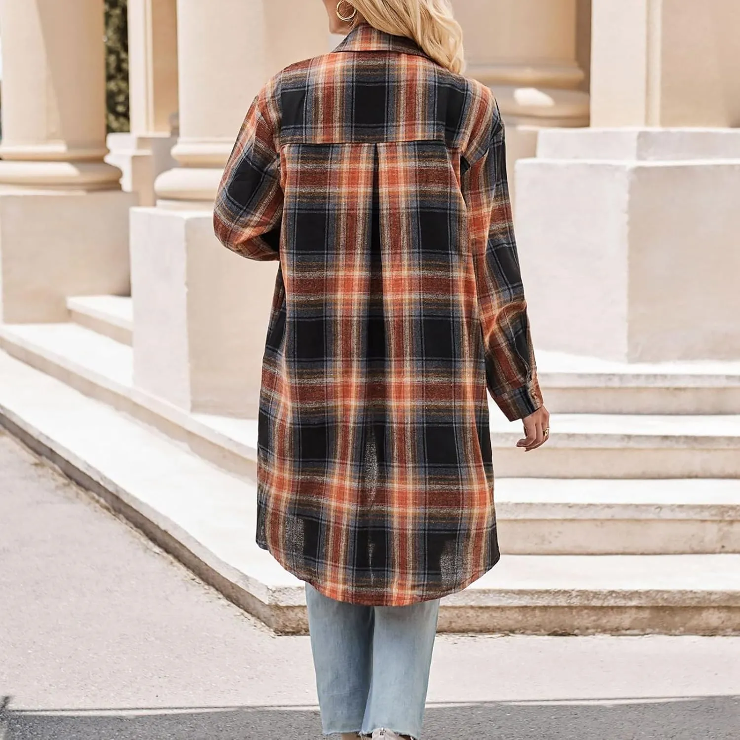 Women's Button Down Flannel Shirts Plaid Shacket Long Sleeve Buffalo Plaid Collared Long Jacket Cardigan Coats