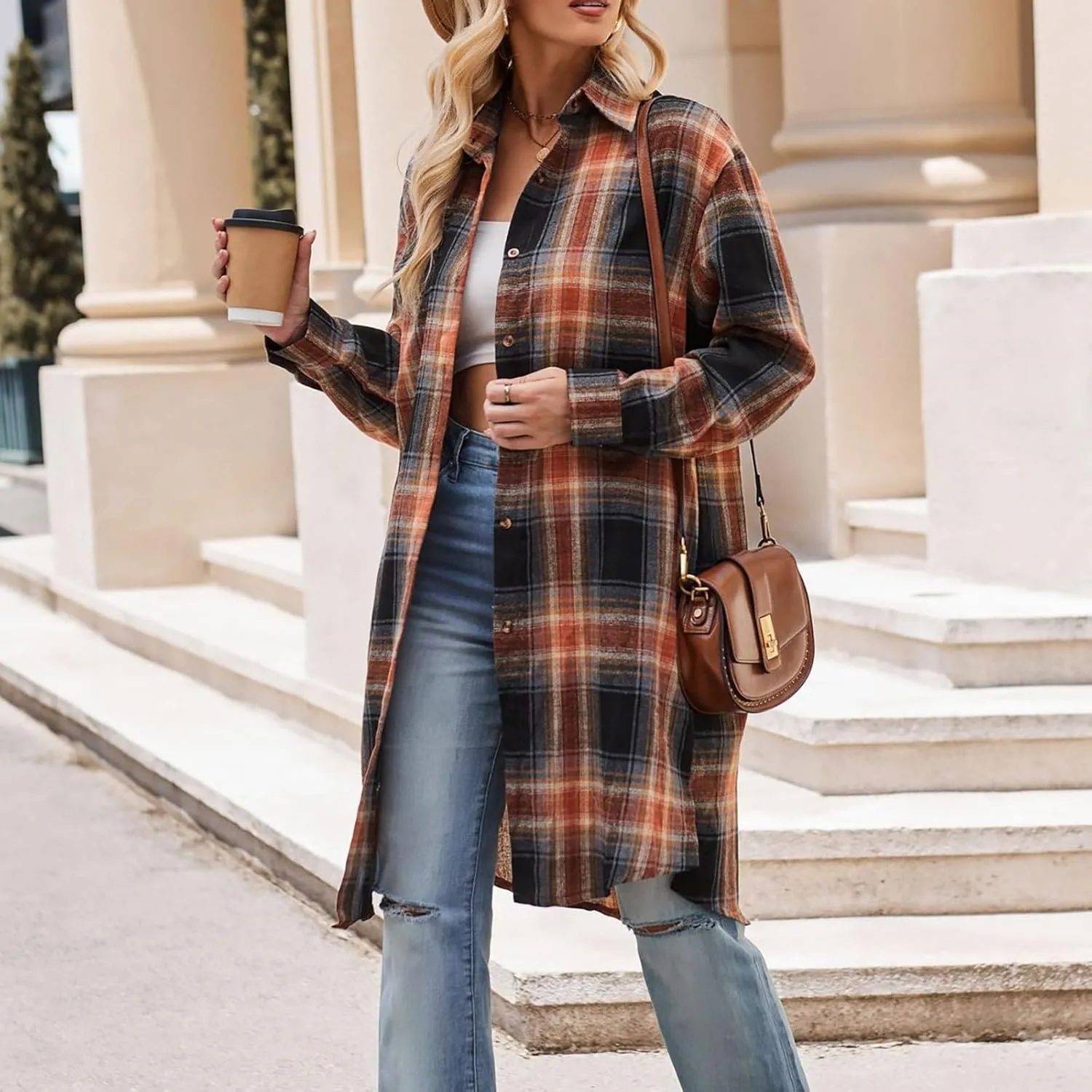 Women's Button Down Flannel Shirts Plaid Shacket Long Sleeve Buffalo Plaid Collared Long Jacket Cardigan Coats