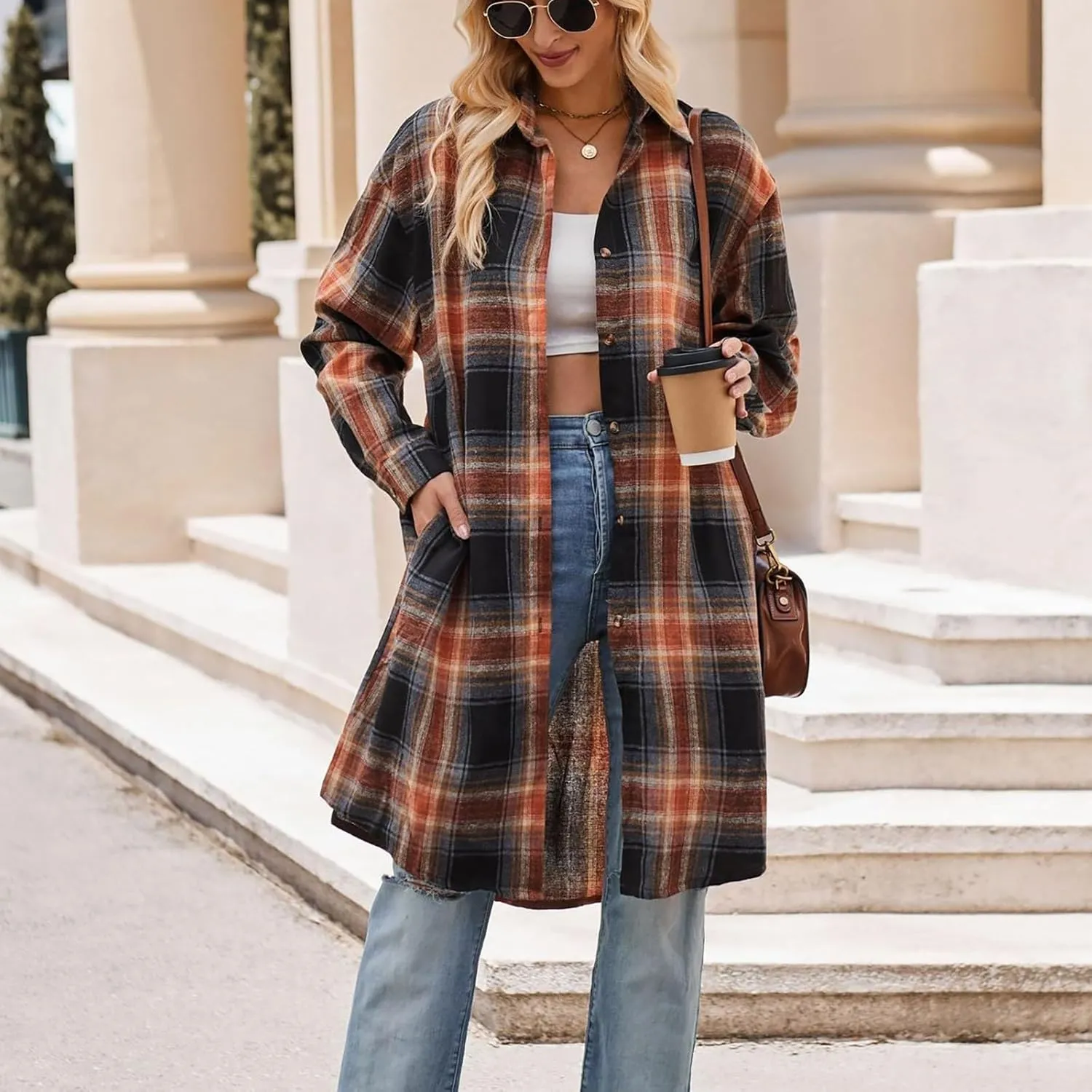 Women's Button Down Flannel Shirts Plaid Shacket Long Sleeve Buffalo Plaid Collared Long Jacket Cardigan Coats