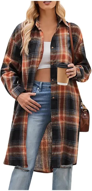 Women's Button Down Flannel Shirts Plaid Shacket Long Sleeve Buffalo Plaid Collared Long Jacket Cardigan Coats