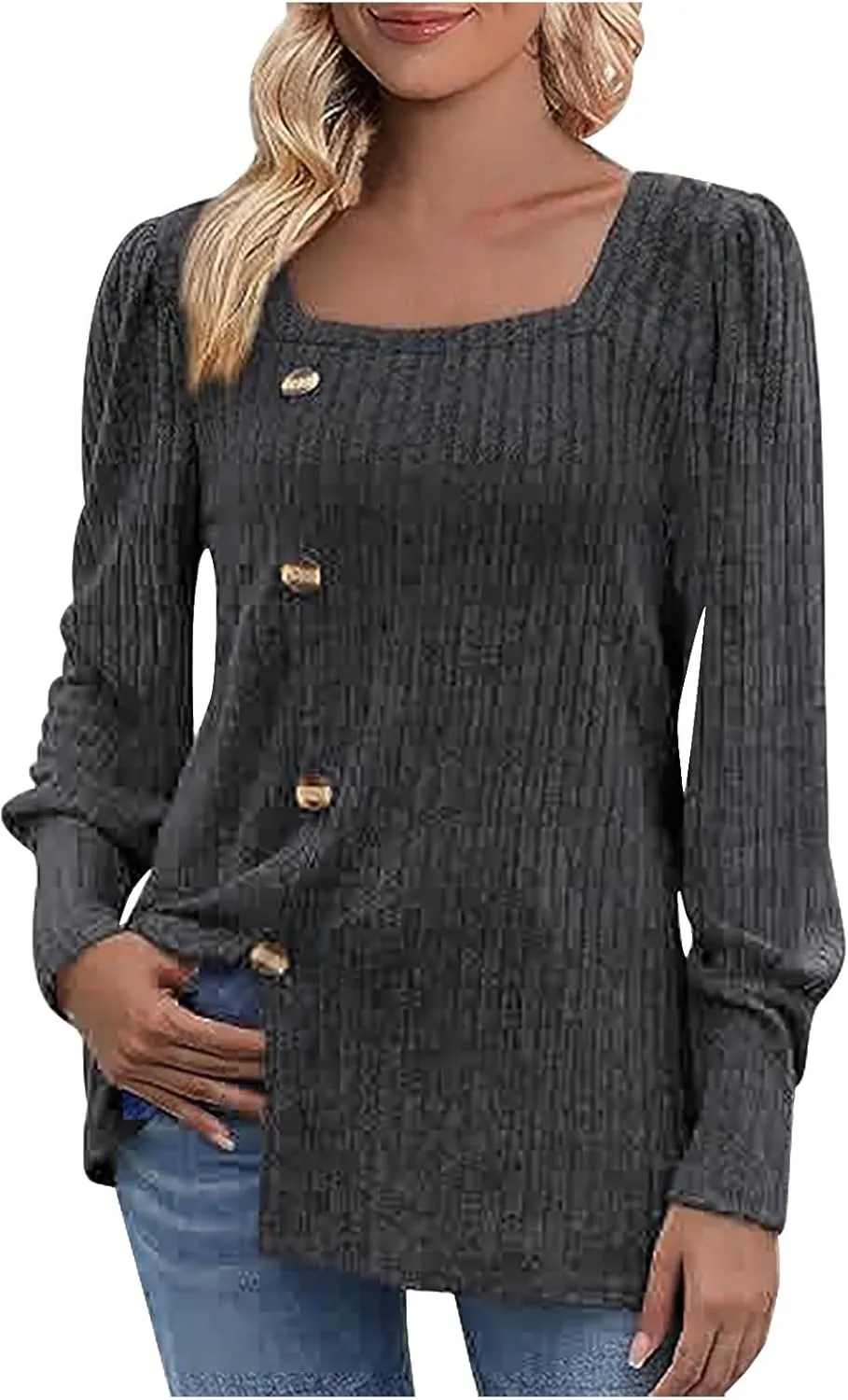 Womens Button Down Knit Tops Long Sleeve Solid Color Basic Tees Square Neck Trendy Fall Clothes Soft Dressy Shirts