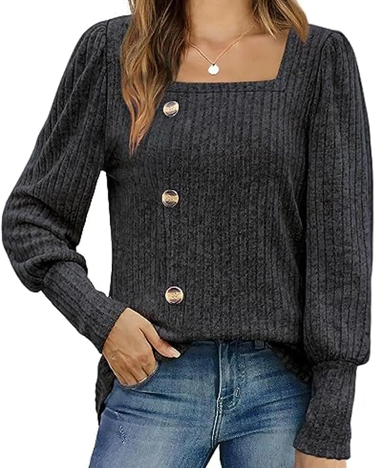 Womens Button Down Knit Tops Long Sleeve Solid Color Basic Tees Square Neck Trendy Fall Clothes Soft Dressy Shirts
