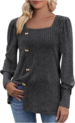 Womens Button Down Knit Tops Long Sleeve Solid Color Basic Tees Square Neck Trendy Fall Clothes Soft Dressy Shirts