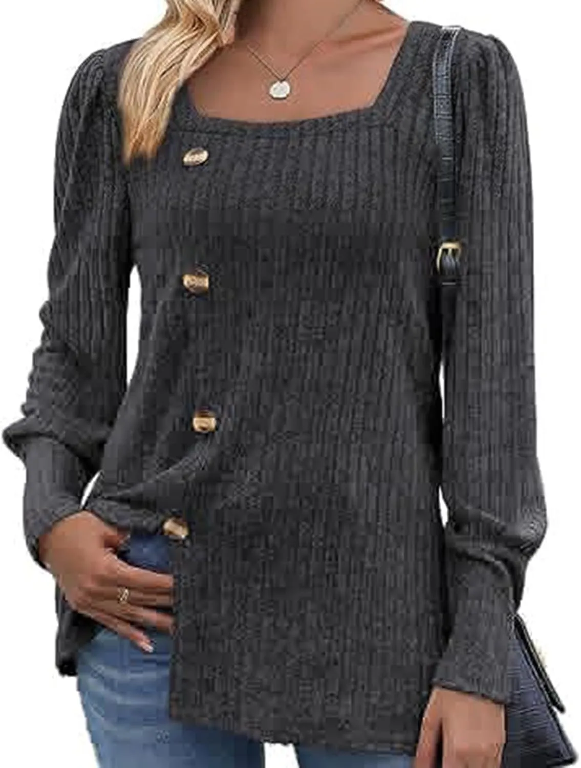 Womens Button Down Knit Tops Long Sleeve Solid Color Basic Tees Square Neck Trendy Fall Clothes Soft Dressy Shirts
