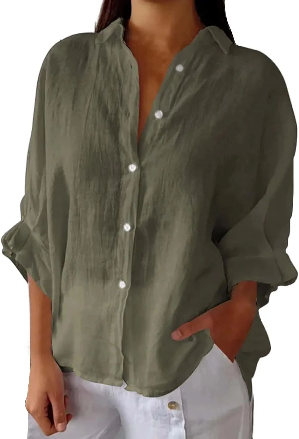 Womens Button Down V Neck Shirts 3/4 Sleeve Chiffon Casual Blouse Loose Fit Collared Linen Work Oversized Blouse