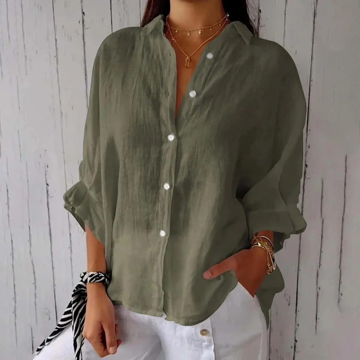 Womens Button Down V Neck Shirts 3/4 Sleeve Chiffon Casual Blouse Loose Fit Collared Linen Work Oversized Blouse