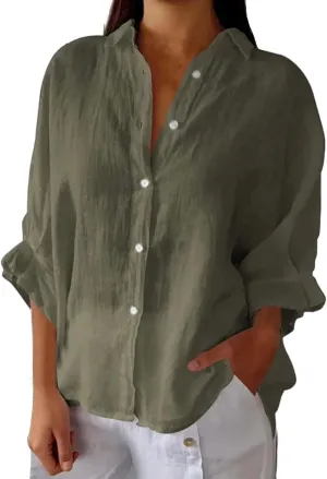 Womens Button Down V Neck Shirts 3/4 Sleeve Chiffon Casual Blouse Loose Fit Collared Linen Work Oversized Blouse